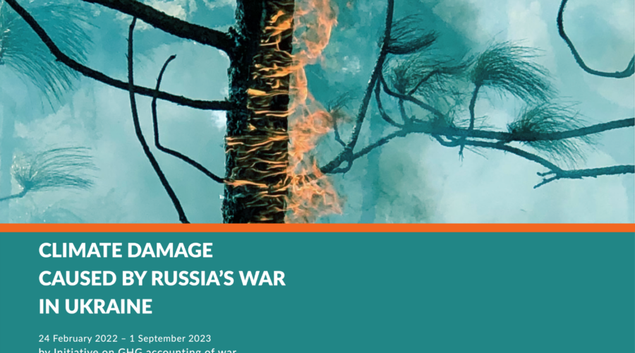 Report Cover of "Climate Damage Caused by Russia's War in Ukraine". Features a tree burning in a smoky forest and the report cover text.