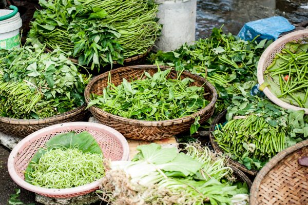 A variety of green herbs and vegetables in woven baskets laid out as if for a market